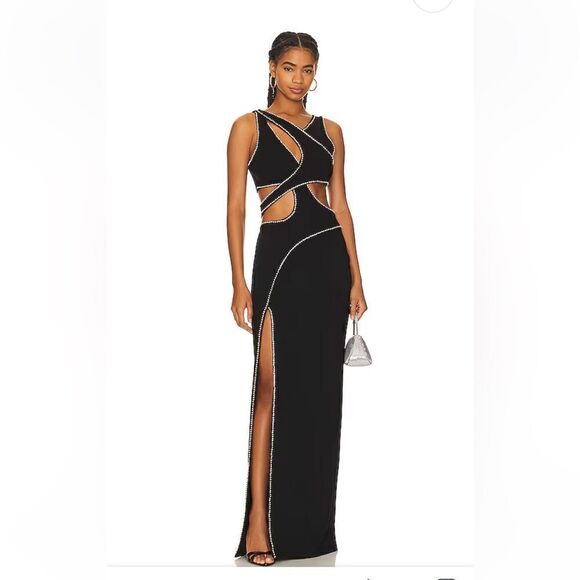 Yaura Zuwa Embellished black Gown cut out maxi rhinestine trim Revolve Sz S